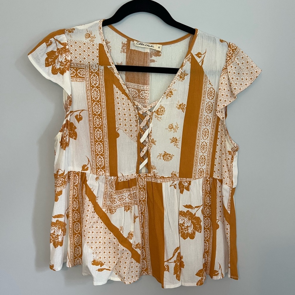 White & Orange (Mustard) Flowy Top - Medium
